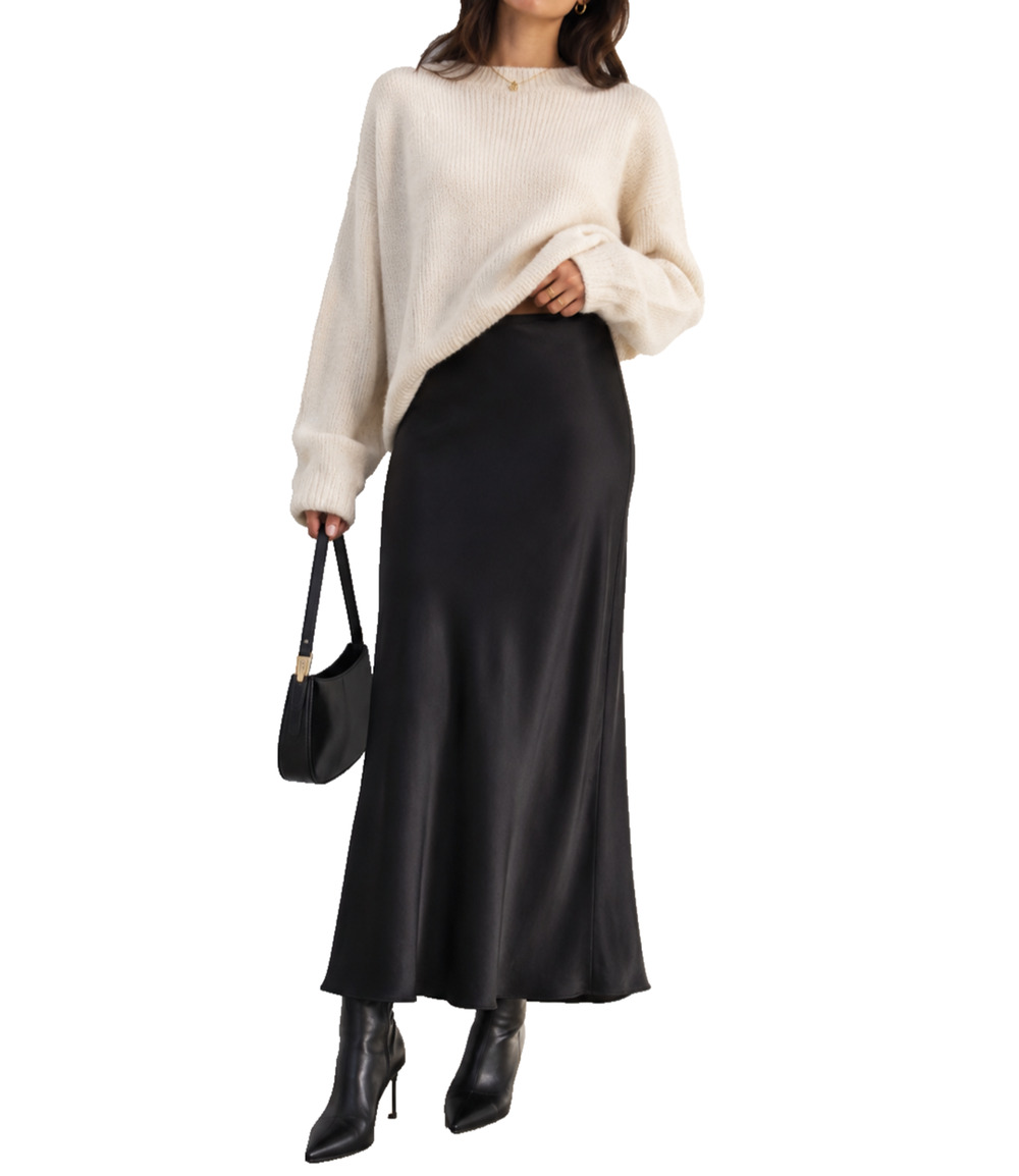 Jenni Kayne Silk Satin Bias Cut Midi Skirt Size S Black Slip Skirt